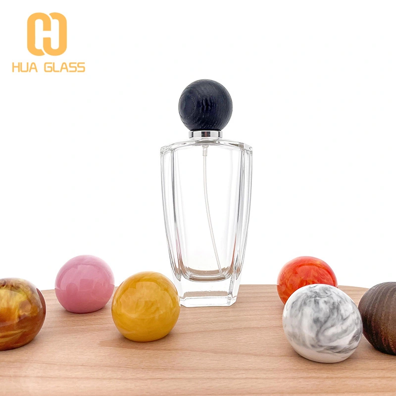 زجاجة عطر زجاجية 100 مل مع غطاء دائري من الرخام / غطاء خشبي  