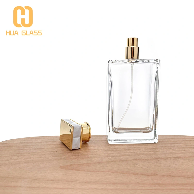 Flacon de parfum en verre rectangle de 100 ml avec bouchon en alliage de zinc métallique  