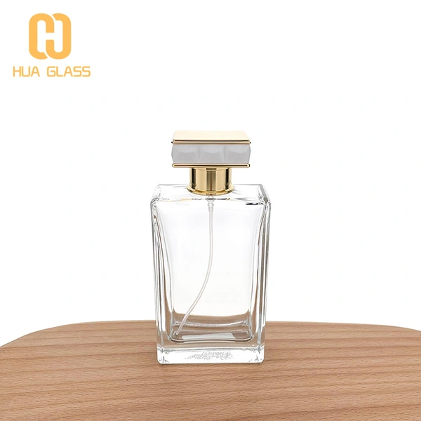 زجاجة عطر زجاجية مستطيلة سعة 100 مل مع غطاء من سبائك الزنك المعدني