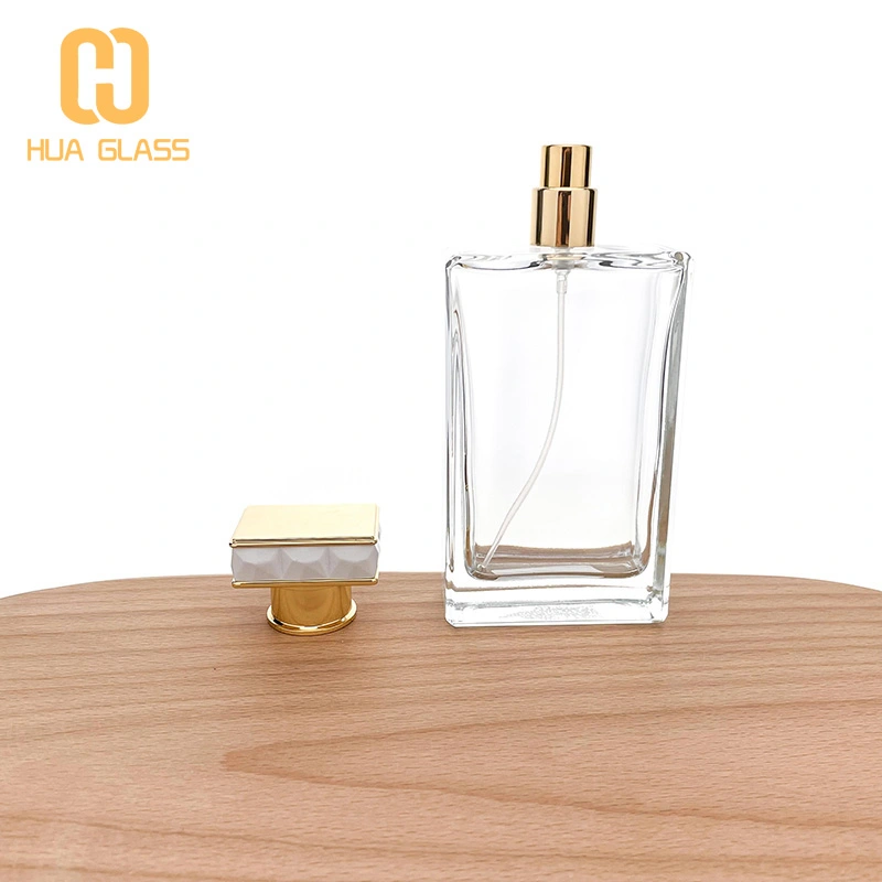Flacon de parfum en verre rectangle de 100 ml avec bouchon en alliage de zinc métallique  
