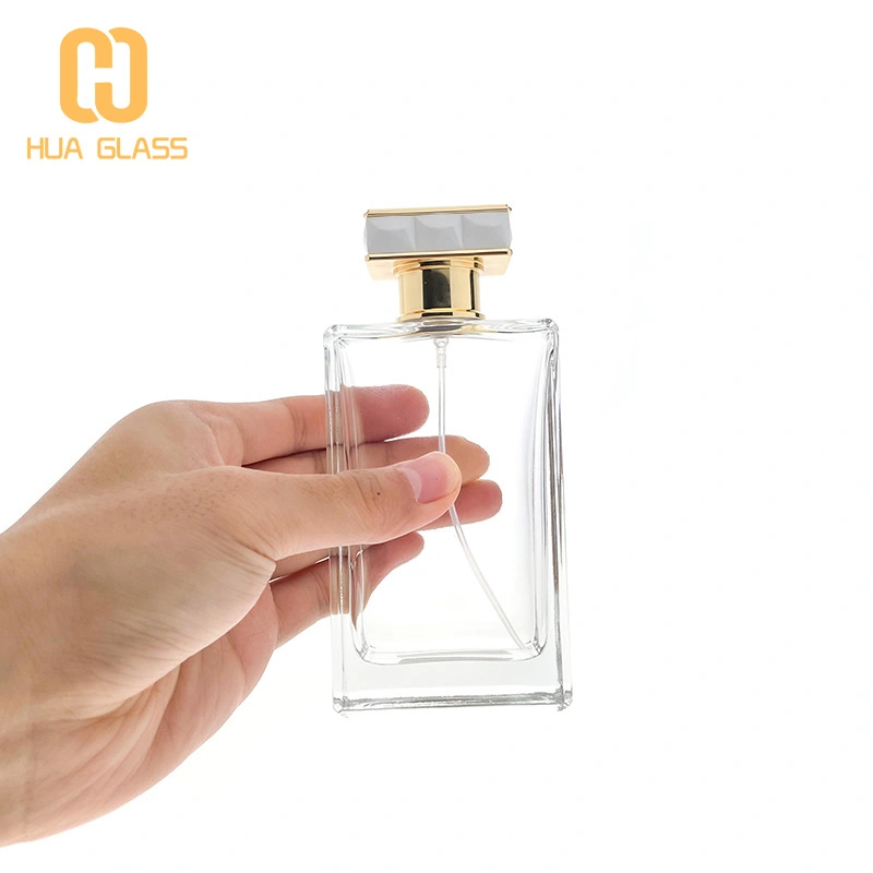 Flacon de parfum en verre rectangle de 100 ml avec bouchon en alliage de zinc métallique  