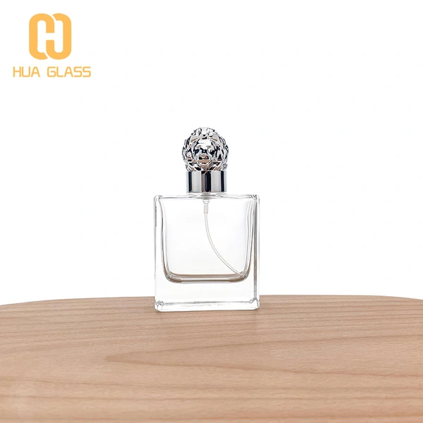 50 مل زجاجة عطر بغطاء زاماك زجاجي مربع مع غطاء زاماك على شكل أسد