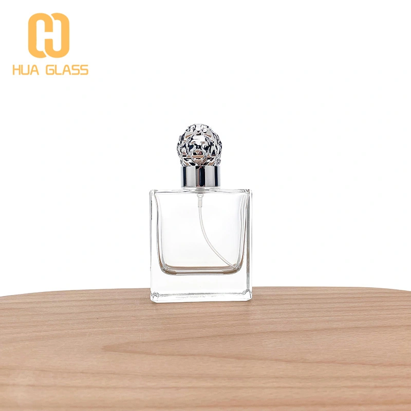 50 مل زجاجة عطر بغطاء زاماك زجاجي مربع مع غطاء زاماك على شكل أسد  