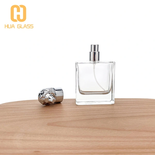 50 مل زجاجة عطر بغطاء زاماك زجاجي مربع مع غطاء زاماك على شكل أسد