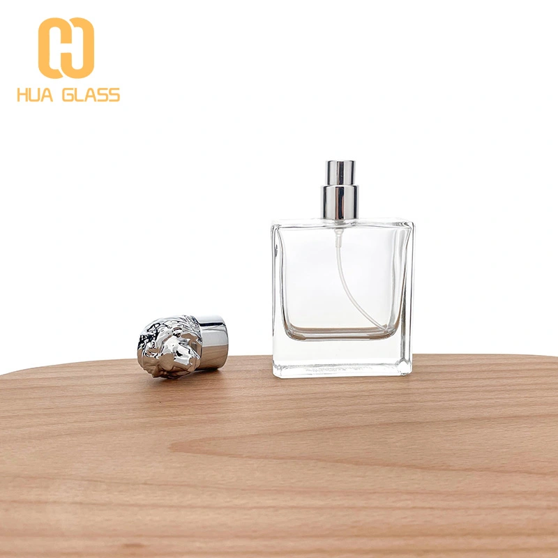 50 مل زجاجة عطر بغطاء زاماك زجاجي مربع مع غطاء زاماك على شكل أسد  