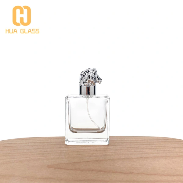 50 مل زجاجة عطر بغطاء زاماك زجاجي مربع مع غطاء زاماك على شكل أسد