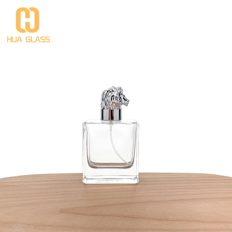 50 مل زجاجة عطر بغطاء زاماك زجاجي مربع مع غطاء زاماك على شكل أسد  