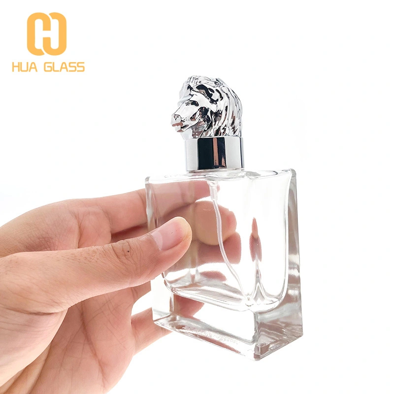 50 مل زجاجة عطر بغطاء زاماك زجاجي مربع مع غطاء زاماك على شكل أسد  