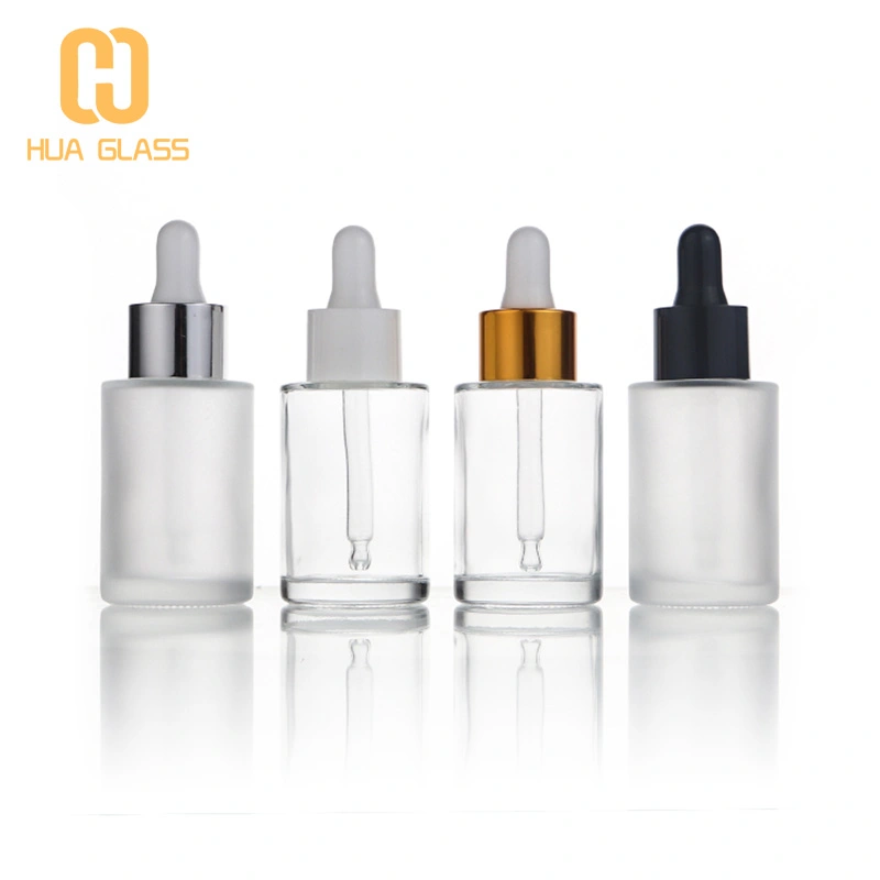 Flacon compte-gouttes d'huile essentielle de sérum en verre transparent à épaule plate