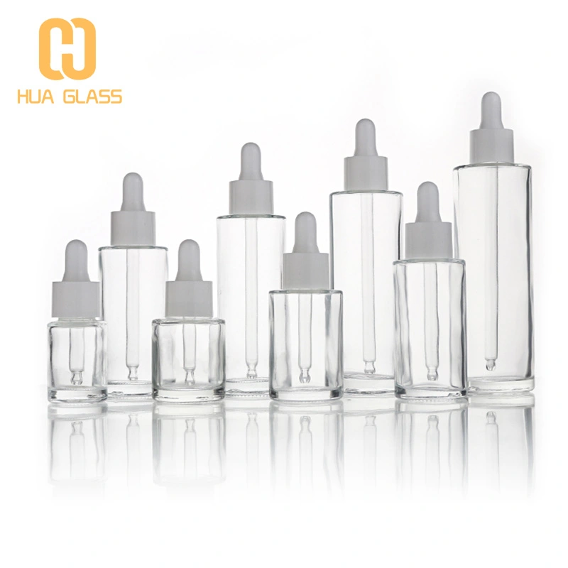 Flacon compte-gouttes d'huile essentielle de sérum en verre transparent à épaule plate