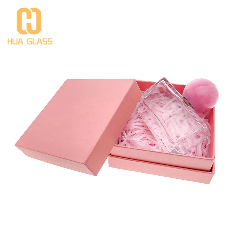 Frasco de perfume cuadrado de 50 ml con tapa de bola rosa  