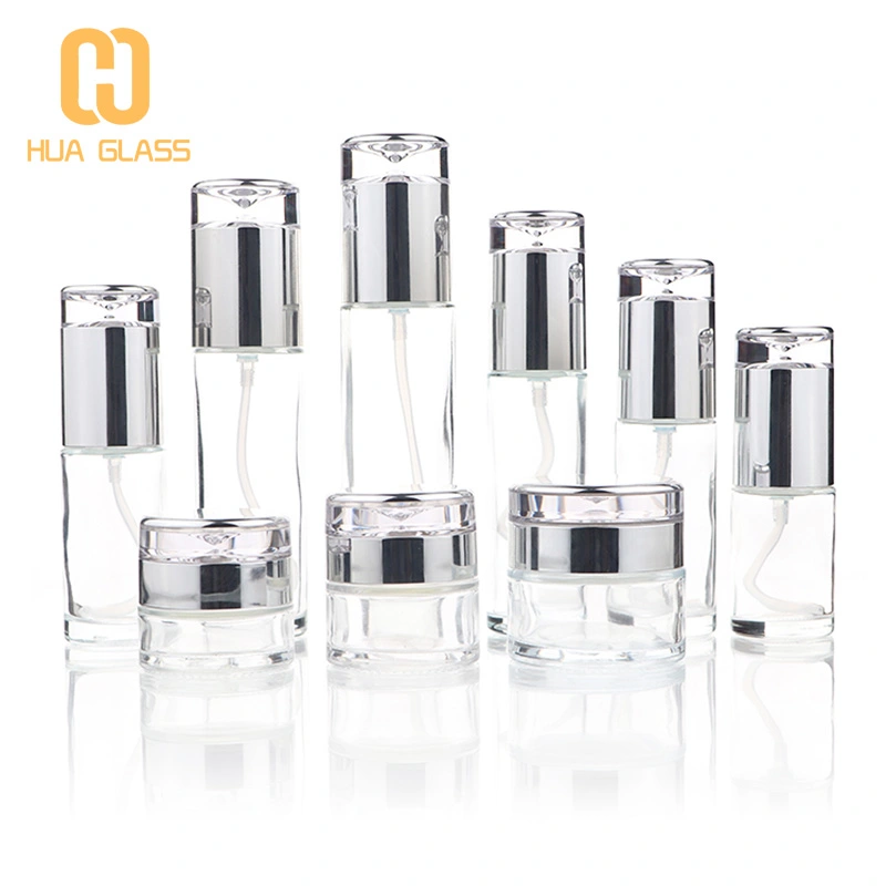 زجاج شفاف 20 مل 30 مل 50 مل 100 مل زجاجة مستحضرات التجميل مع غطاء فضي  