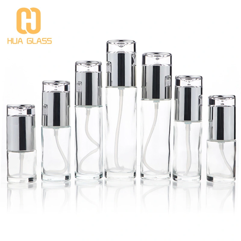 زجاج شفاف 20 مل 30 مل 50 مل 100 مل زجاجة مستحضرات التجميل مع غطاء فضي  
