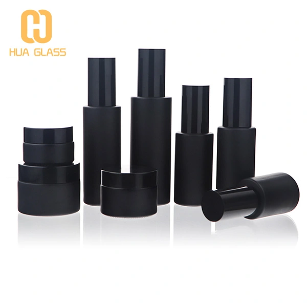 botellas y tarros de vidrio crema cosméticos de hombro plano negro mate