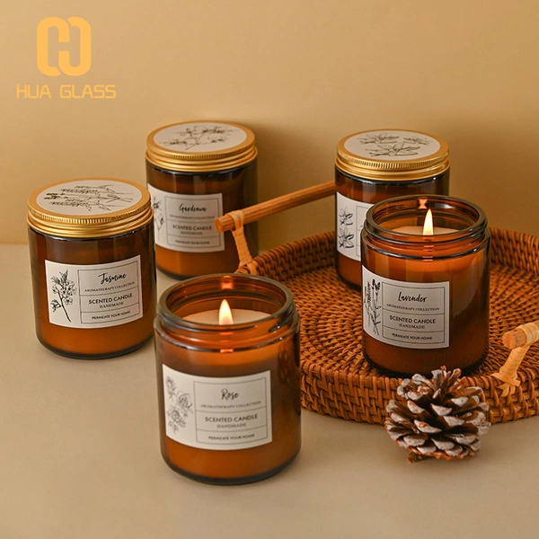 100ml 150ml 200ml bocaux à bougies en verre ambré à côté droit avec couvercle