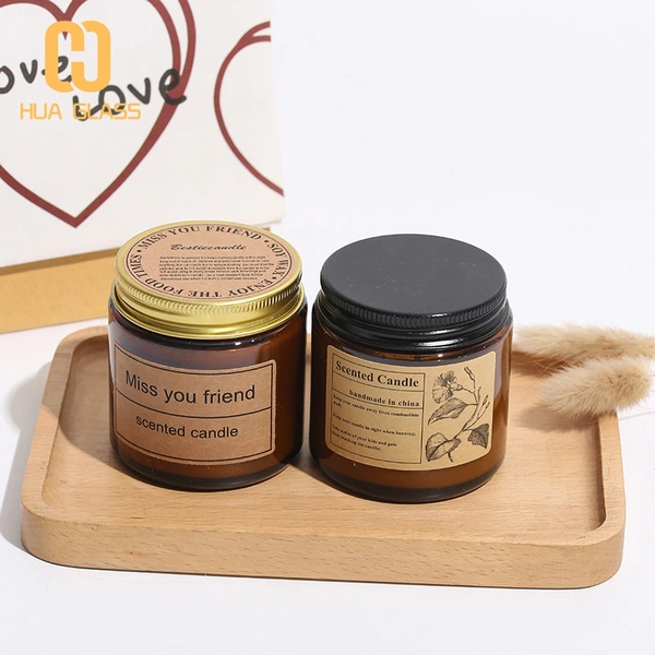 100ml 150ml 200ml bocaux à bougies en verre ambré à côté droit avec couvercle