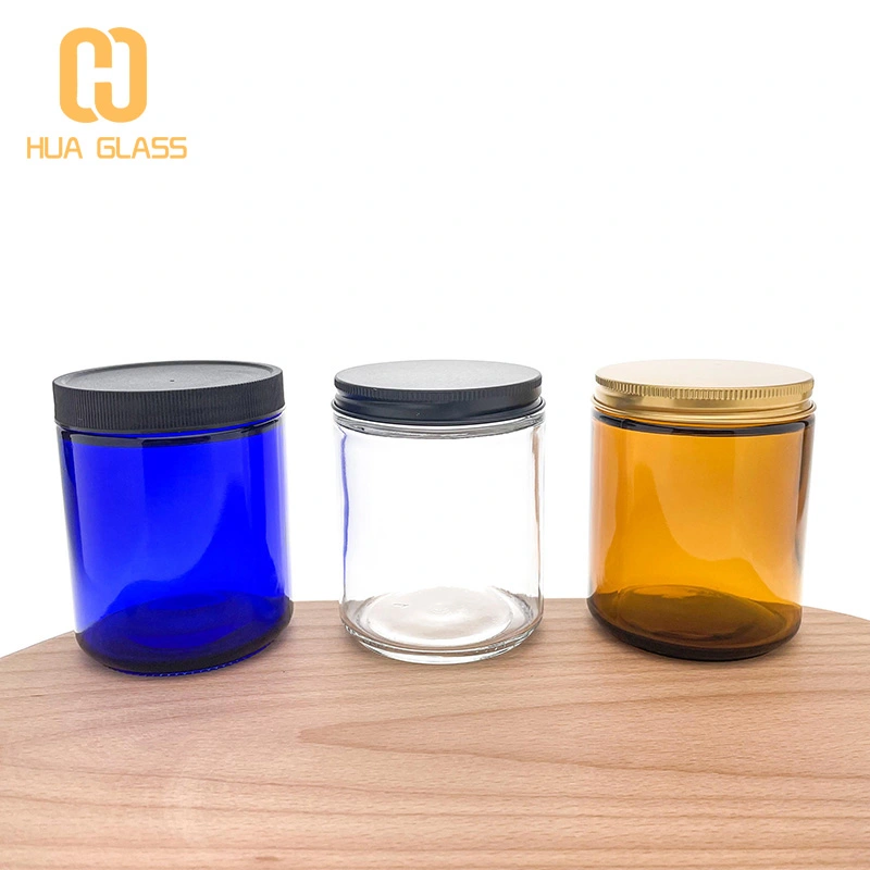 الجانب المستقيم واضح الزجاج الأزرق العنبر الجرار شمعة مع غطاء معدني  