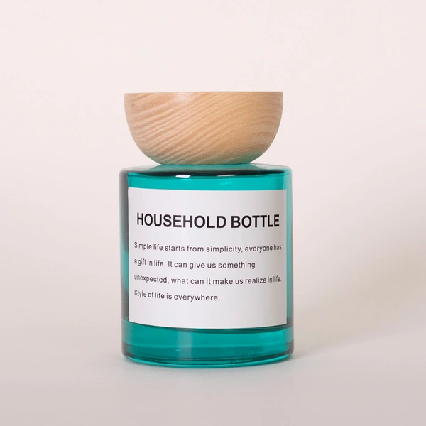 Botella difusora de caña de vidrio redonda de 150ml, botella difusora para el hogar con tapa de madera