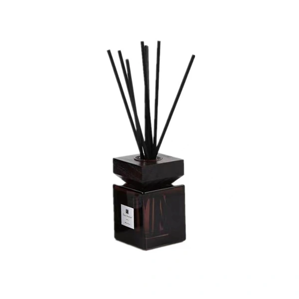 Botella difusora de caña de vidrio cuadrada negra de 100ml, botella difusora para el hogar con tapa de madera