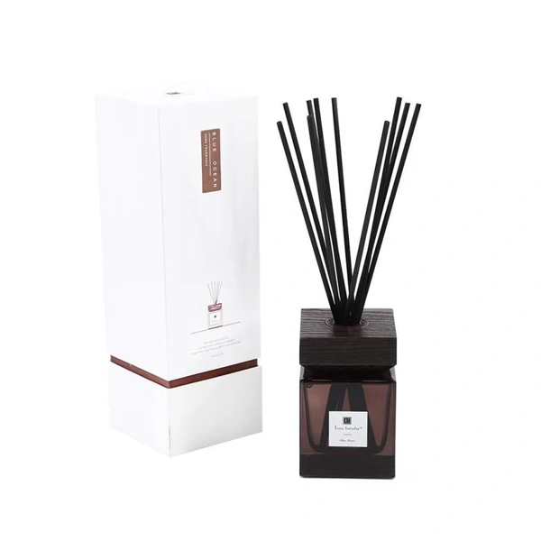 Botella difusora de caña de vidrio cuadrada negra de 100ml, botella difusora para el hogar con tapa de madera