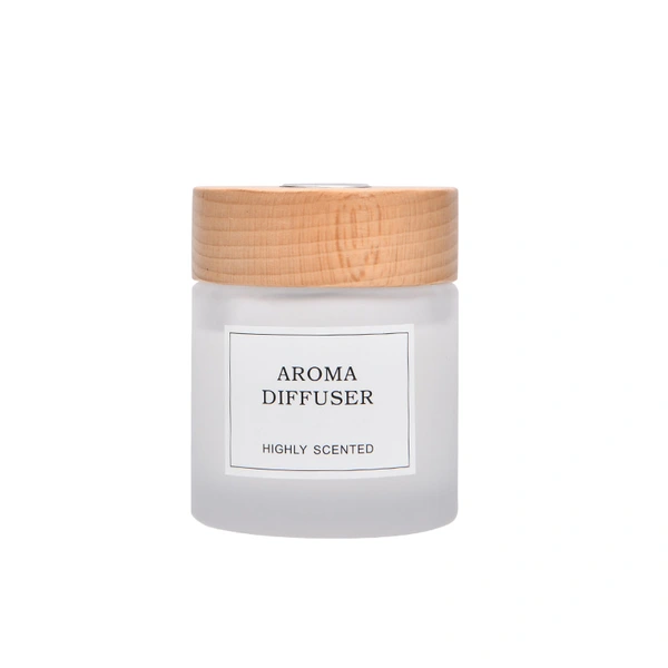 Botella difusora de caña de vidrio redonda helada de 100ml, botella difusora para el hogar con tapa de madera