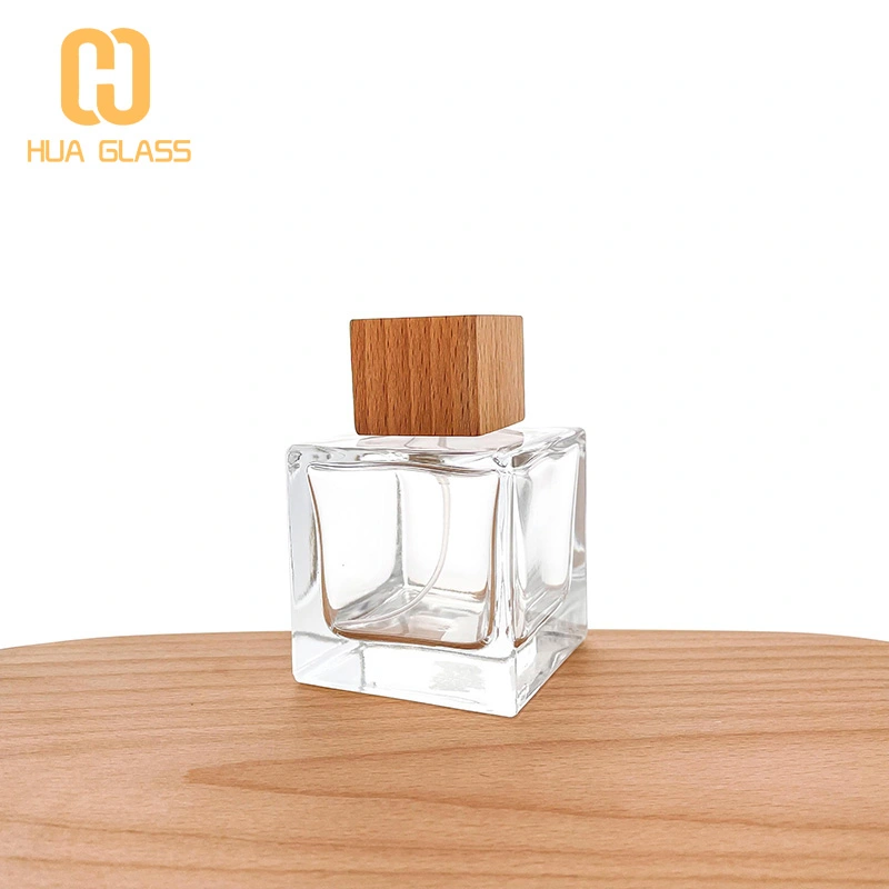 Botella de perfume cuadrada de 100 ml con tapa de madera/tapa de abs  