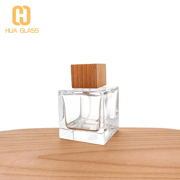 Botella de perfume cuadrada de 100 ml con tapa de madera/tapa de abs