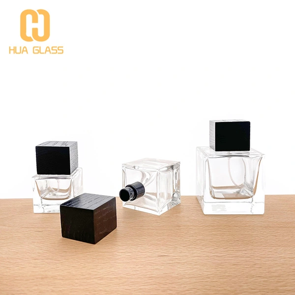 Botella de perfume de cubo de 30 ml, 50 ml, 100 ml con tapa de madera/tapa de abs