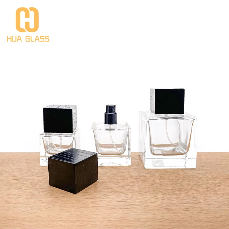 Botella de perfume de cubo de 30 ml, 50 ml, 100 ml con tapa de madera/tapa de abs  