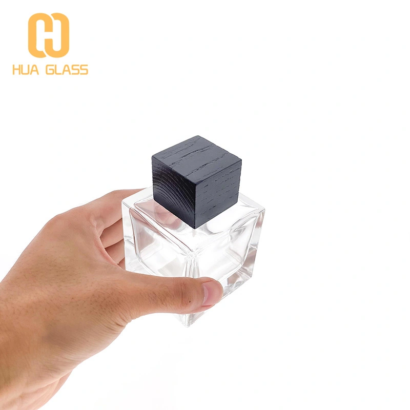 Botella de perfume de cubo de 30 ml, 50 ml, 100 ml con tapa de madera/tapa de abs  
