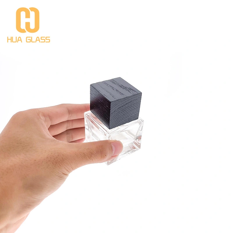 Botella de perfume de cubo de 30 ml, 50 ml, 100 ml con tapa de madera/tapa de abs  
