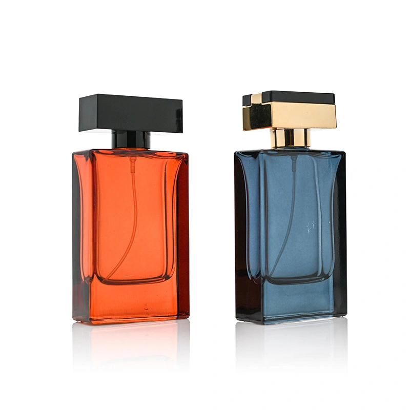 Botella de perfume rectangular de vidrio de color de lujo de 50 ml para mujeres y hombres