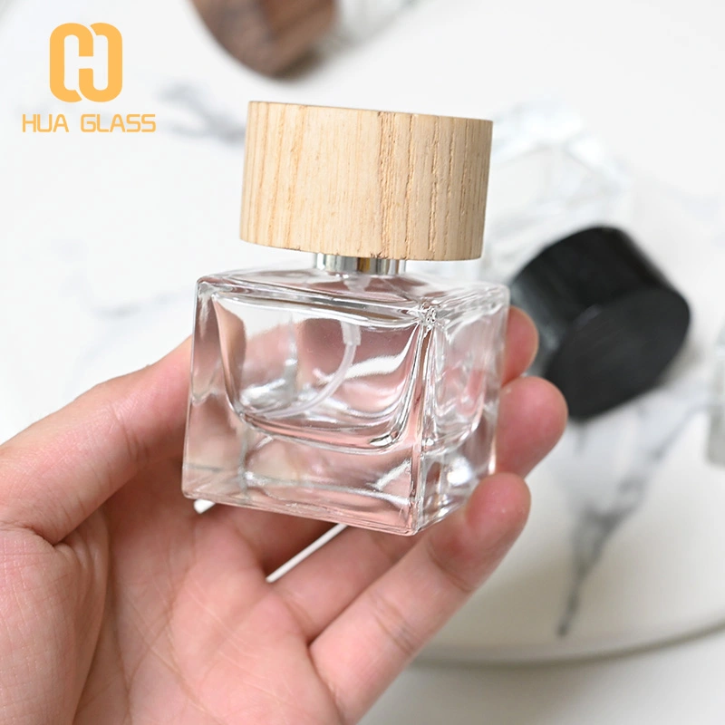 Frasco de perfume de cubo cuadrado de 30 ml, 50 ml y 100 ml con tapa de madera  