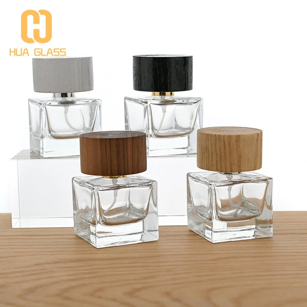 Frasco de perfume de cubo cuadrado de 30 ml, 50 ml y 100 ml con tapa de madera