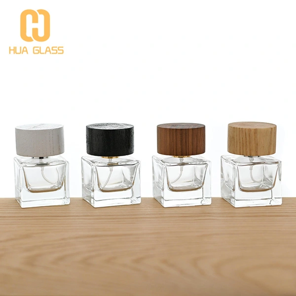 Frasco de perfume de cubo cuadrado de 30 ml, 50 ml y 100 ml con tapa de madera