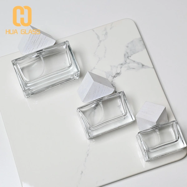 Frasco de perfume rectangular cuadrado de 30 ml, 50 ml y 100 ml con tapa de madera