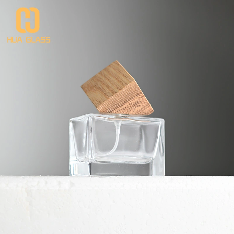 Frasco de perfume rectangular cuadrado de 30 ml, 50 ml y 100 ml con tapa de madera  