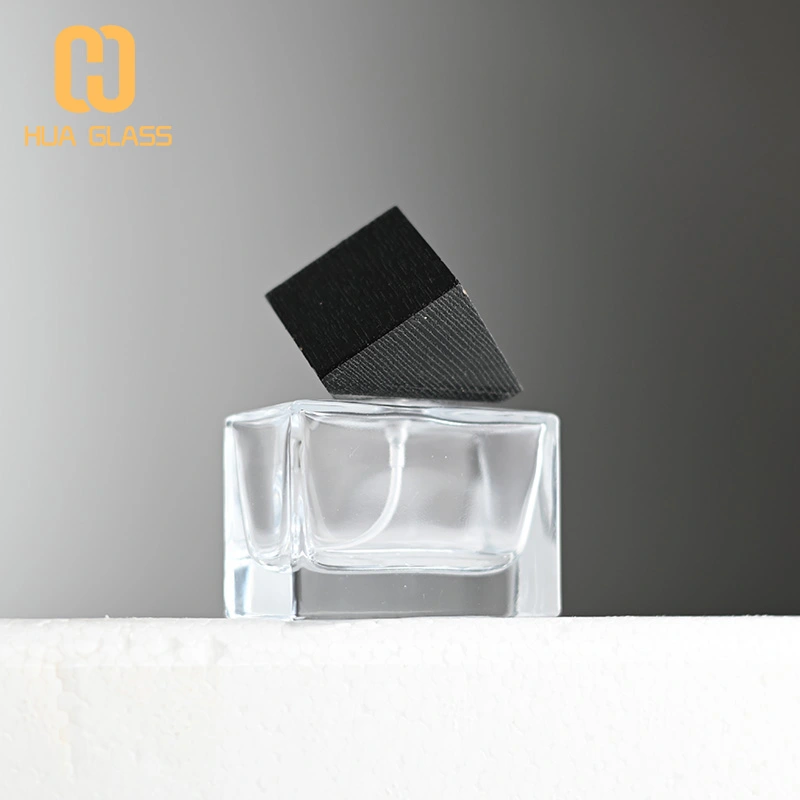 Frasco de perfume rectangular cuadrado de 30 ml, 50 ml y 100 ml con tapa de madera  
