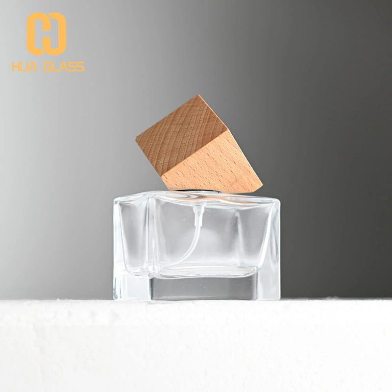Frasco de perfume rectangular cuadrado de 30 ml, 50 ml y 100 ml con tapa de madera  