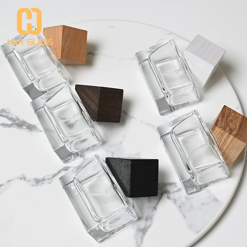 Frasco de perfume rectangular cuadrado de 30 ml, 50 ml y 100 ml con tapa de madera  