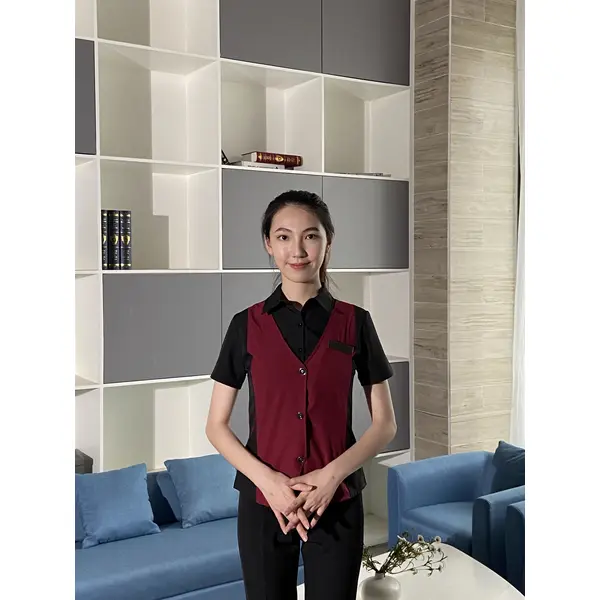 BD-MO-095  Design fake two pieces of front desk uniform, slim and comfortable front desk uniform factory