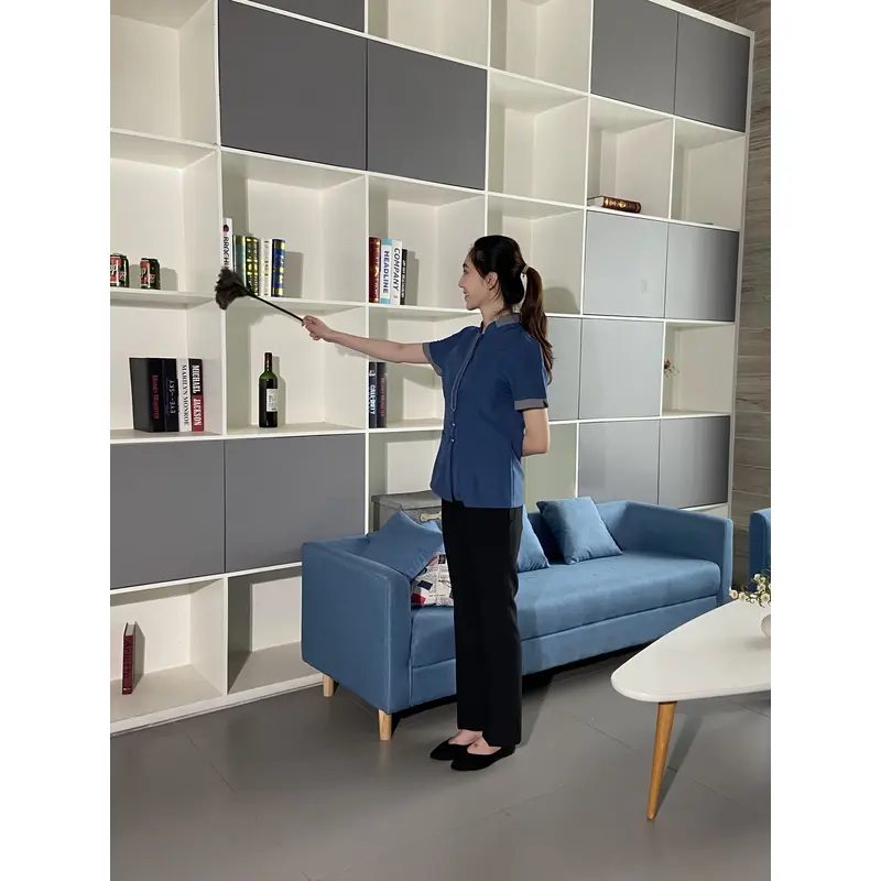 BD-MO-039  Design color matching stand-up collar housekeeping clothes, custom-made resin button housekeeping clothes