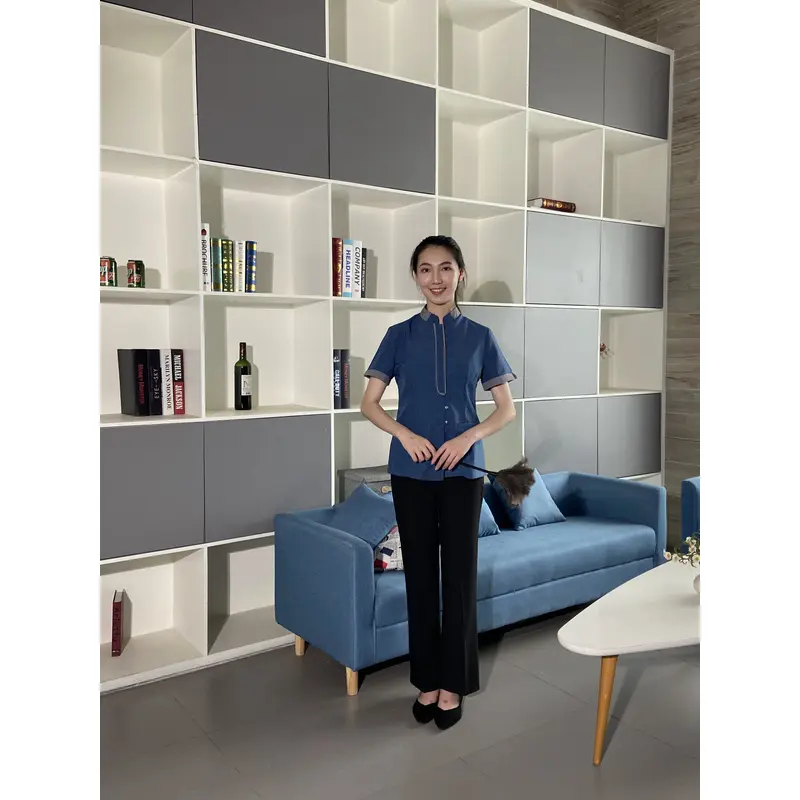 BD-MO-039  Design color matching stand-up collar housekeeping clothes, custom-made resin button housekeeping clothes