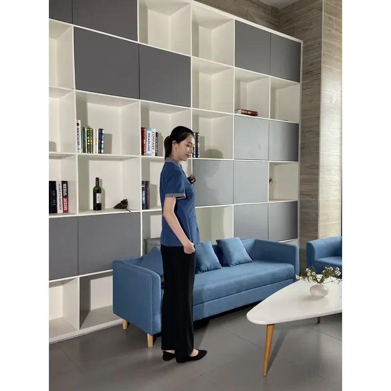 BD-MO-039  Design color matching stand-up collar housekeeping clothes, custom-made resin button housekeeping clothes