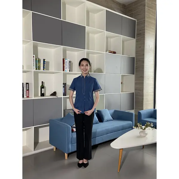 BD-MO-039  Design color matching stand-up collar housekeeping clothes, custom-made resin button housekeeping clothes