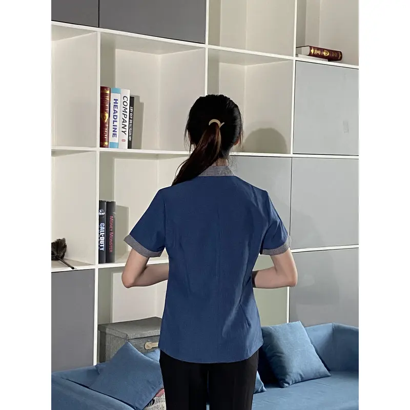 BD-MO-039  Design color matching stand-up collar housekeeping clothes, custom-made resin button housekeeping clothes