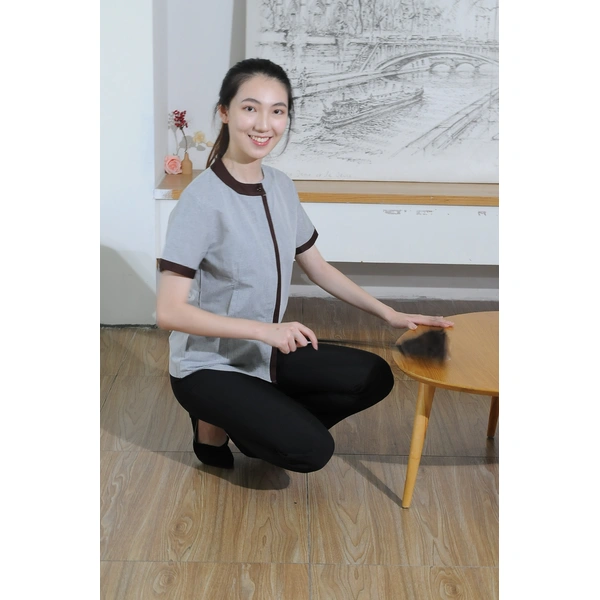 BD-MO-041 Design Contrasting Collar Housekeeping Uniforms Ordering Concealed Flap Design Housekeeping Uniforms 