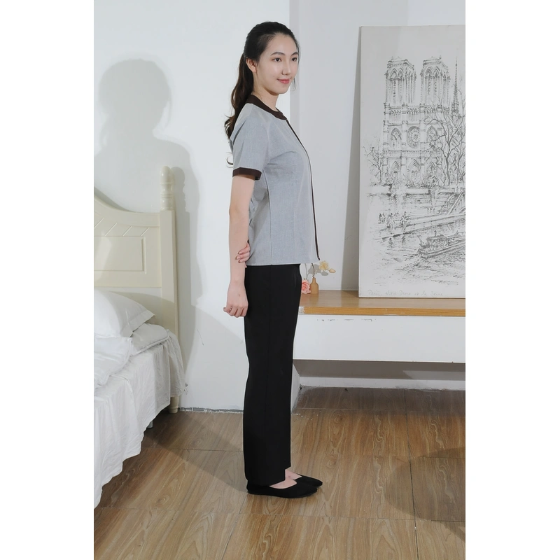 BD-MO-041 Design Contrasting Collar Housekeeping Uniforms Ordering Concealed Flap Design Housekeeping Uniforms 