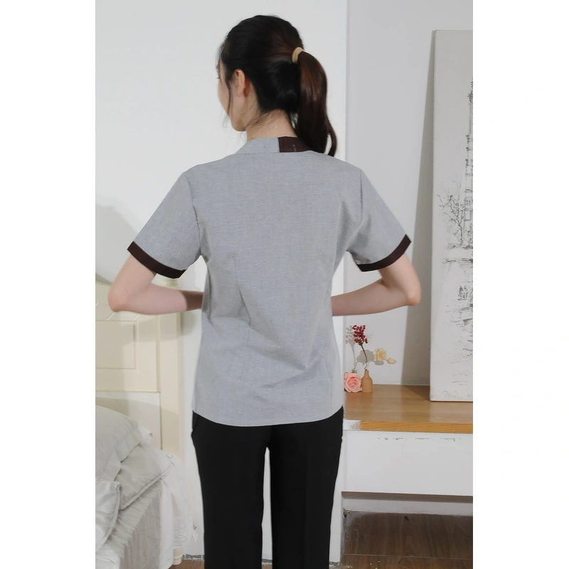 BD-MO-041 Design Contrasting Collar Housekeeping Uniforms Ordering Concealed Flap Design Housekeeping Uniforms 
