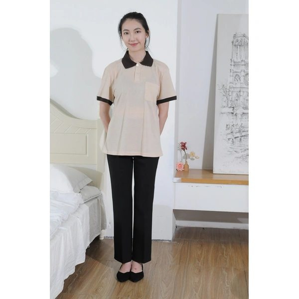 BD-MO-044  Order Polo collar housekeeping uniform, design contrast collar and contrast sleeves